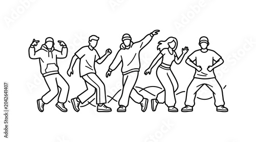 Foto Group of urban dancers in a synchronized dance routine.
