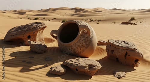 Ancient ceramic vessel resting in vast desert sand dunes
