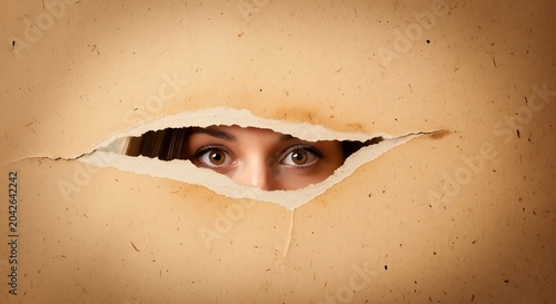 Woman's brown eyes peeking through a hole in textured paper