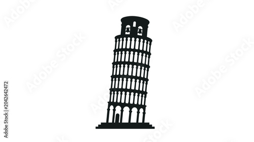 Minimalist black silhouette illustration of the iconic leaning tower of pisa isolated on a clean white background showcasing simple geometric shapes and elegant artistic lines
