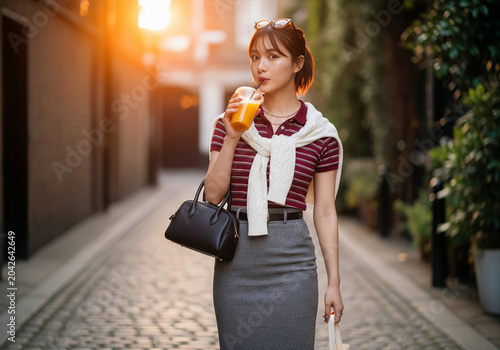 夕暮れの路地でドリンクを飲みながらこちらを見つめる夏服コーデの女性