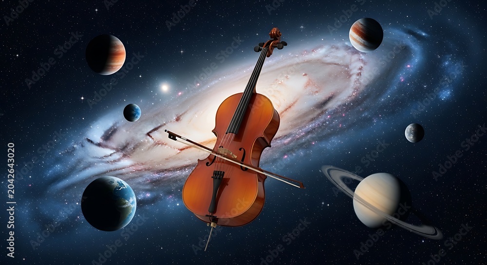 Fototapeta premium Musical cello floating in outer space among planets and a galaxy
