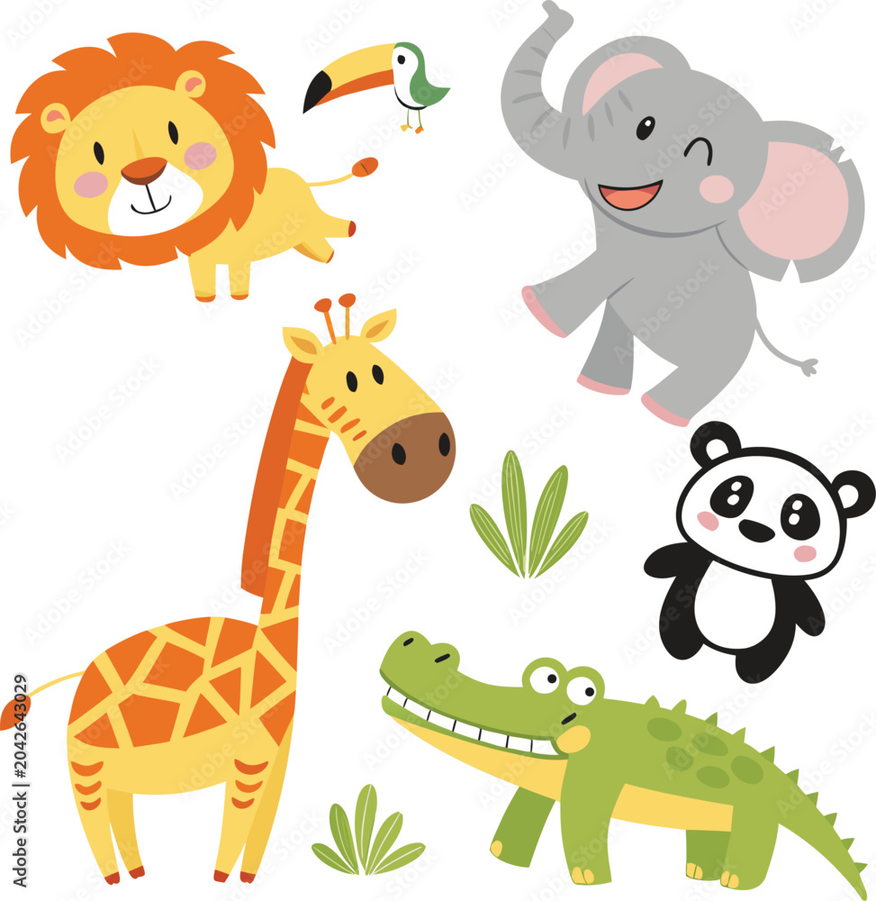Obraz premium Set of happy cartoon safari animals: lion, giraffe, elephant, panda, crocodile, toucan.