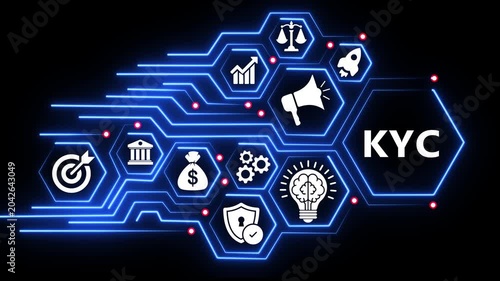 Neon kyc business concept animation with glowing hexagonal s.