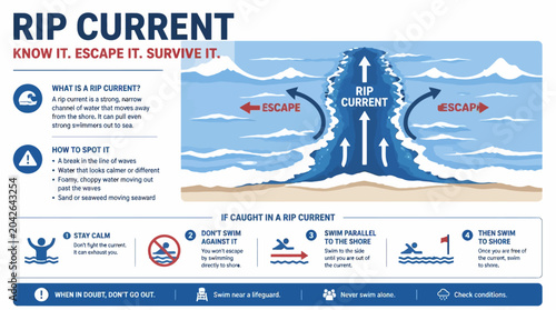 Fotografie Ocean safety infographic explaining rip current danger and escape methods, vecto