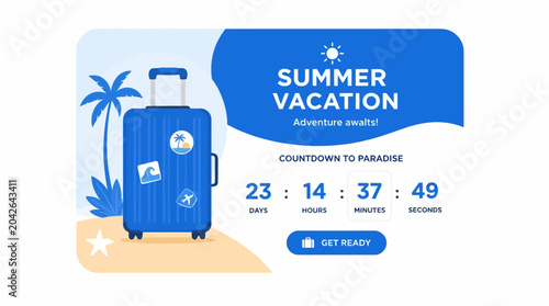 Summer vacation countdown timer with suitcase on beach, flat vector illustration