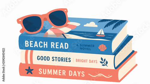 Photography Stack of summer reading books with sunglasses, vector illustration