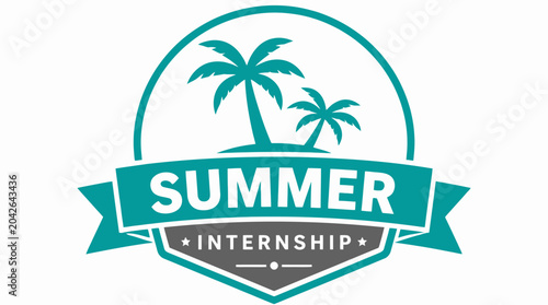 Summer internship badge with palm trees and tropical island icon on white background