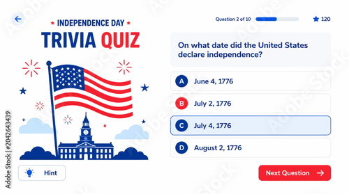 Independence Day trivia quiz with US flag and historical building graphic element