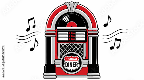 Retro jukebox playing music with notes and sound waves, 1950s diner style