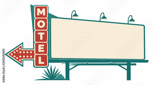 Konstfotografi Retro motel sign with blank billboard and arrow, vintage roadside advertising gr