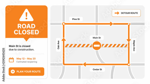 Foto Road closure map graphic with detour route and construction warning
