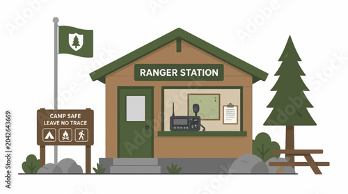 Foto Park ranger station building with flag and signage, flat vector illustration