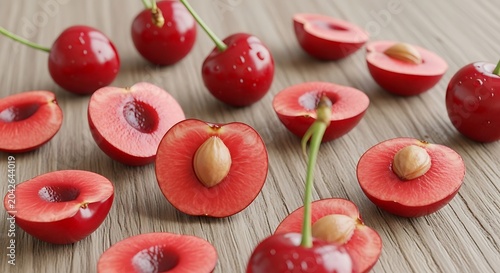 Fresh ripe cherries sliced on a wooden table