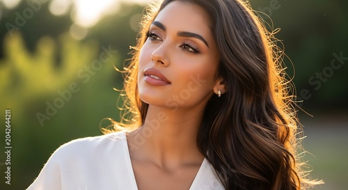 Portrait of a beautiful woman with long wavy hair at golden hour