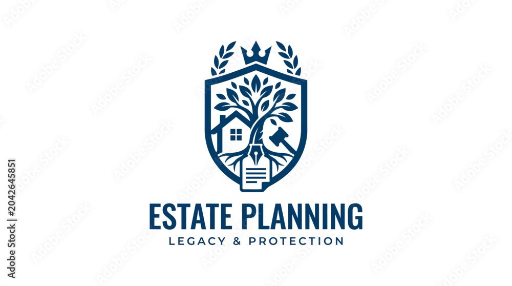 Obraz premium Estate planning logo with shield, tree, house, gavel, and crown