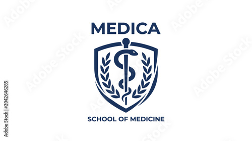 Medical school emblem with caduceus and laurel wreath on white background, graphic element