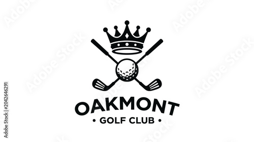 Golf club emblem with crossed clubs, ball, and crown on white background