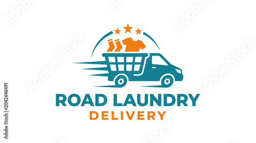 Billede på lærred Delivery van with laundry basket and clothes, motion blur, service concept