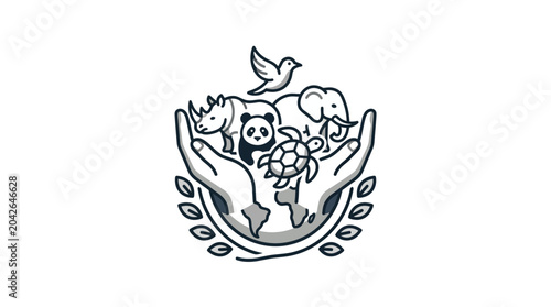 Photography Hands holding planet earth with diverse wild animals icon.