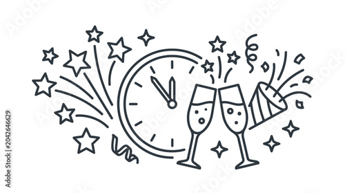 New Year countdown clock with champagne glasses and stars.