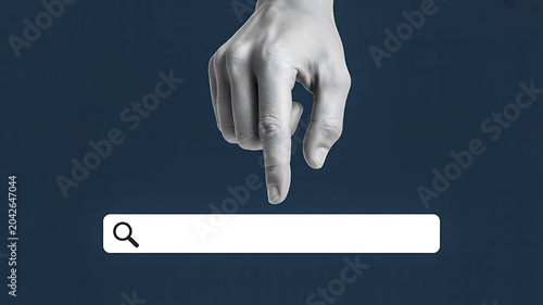 Hand pointing to search bar interface concept representing online search navigation and digital discovery