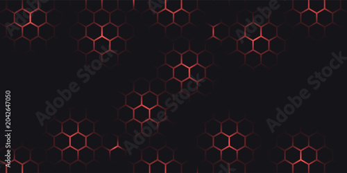 Hexagon game background with glowing red honeycomb grid on black surface. Abstract geometric pattern of connected cells for futuristic interface design. Digital technology bg with luminous edges.