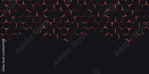 Hexagon game background with glowing red honeycomb grid on black surface. Abstract geometric pattern of connected cells for futuristic interface design. Digital technology bg with luminous edges.