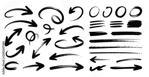 Hand Drawn Black Paint Brush Strokes, Arrows, Circles, and Underlines Vector Set
