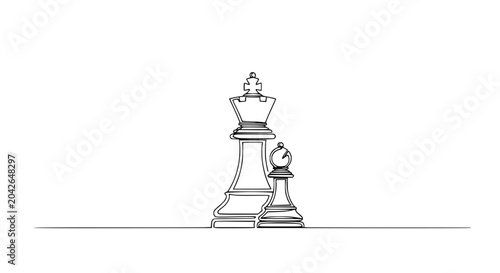 Cuadro en lienzo Minimalist single line drawing of chess king and bishop pieces on white backgrou
