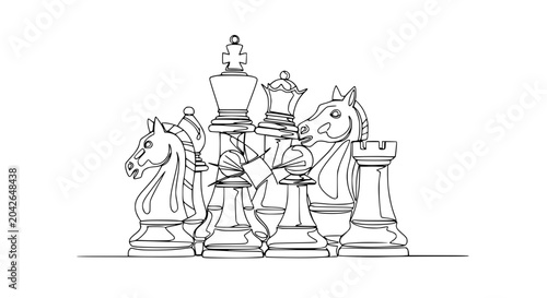 Foto Continuous line drawing of chess pieces: king, queen, knight, rook, pawn, bishop
