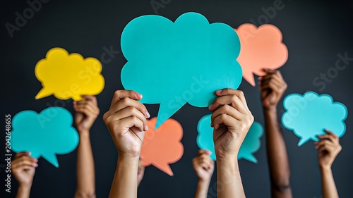 People holding colorful speech bubbles representing communication feedback discussion and social interaction