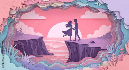 Romantic couple silhouette on cliff edge paper cut sunset art