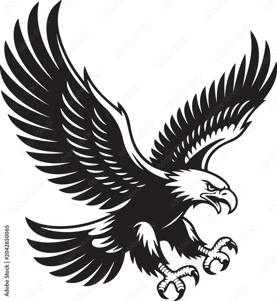 Obraz premium Flying Eagle with Spread Wings Black and White Vector Illustration