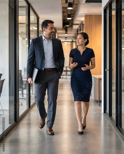 Smiling male and female executives walking down glass office hall