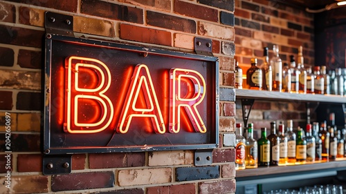 Neon bar sign glowing above liquor bottles on brick wall in modern pub interior