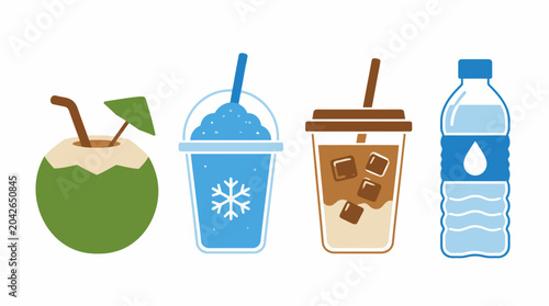 Vector illustration of refreshing drinks set including coconut, slushy, iced coffee, and water bottle