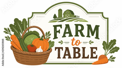 Foto Farm to table concept with basket of fresh vegetables, barn and fields illustrat