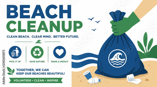 Tableau sur toile Beach cleanup graphic with volunteer hand holding trash bag and icons promoting