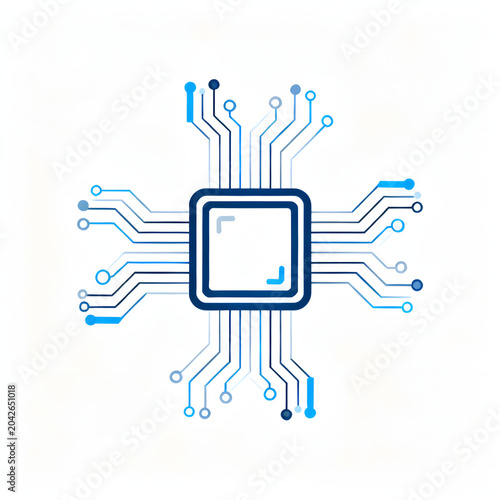 Stylized illustration of a central microchip connected to a circuit board with blue lines and dots on a white background.
