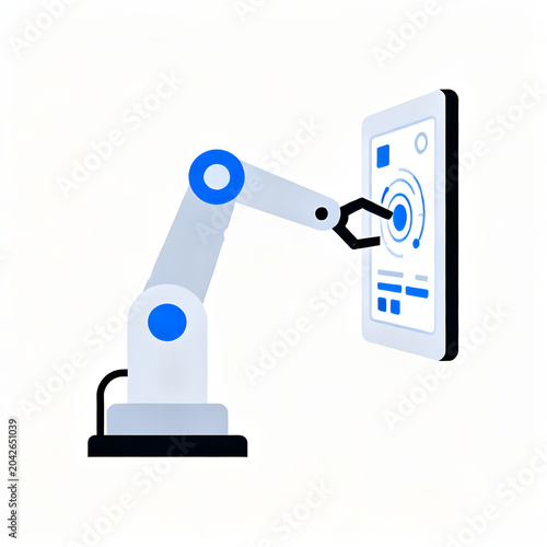 A minimalist illustration of a robotic arm with blue accents interacting with a white tablet displaying blue data graphics on a plain white background.
