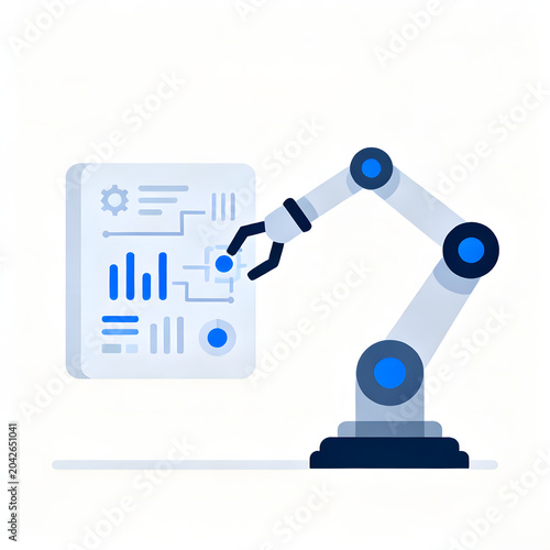 Robotic arm interacting with a data dashboard displaying charts and graphs, representing automation and data analysis in a modern flat illustration style.