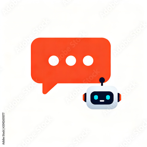 A vibrant red speech bubble with three dots and a small, friendly white robot head, symbolizing AI communication and chatbot technology.