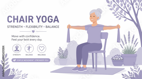 Senior woman doing chair yoga with resistance band, promoting strength and flexibility.