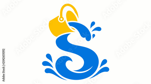 Blue water pouring from yellow bucket forming letter S shape on white background