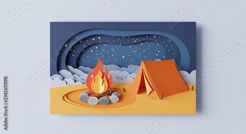 3D paper cut art camping scene with orange tent and fire under stars