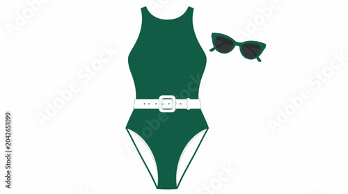 Green one-piece swimsuit with white belt and sunglasses, graphic element