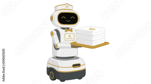 Friendly robot butler offers clean towels on a tray, cartoon style vector illustration