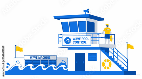 Wave pool control station with lifeguard and surfing waves graphic element