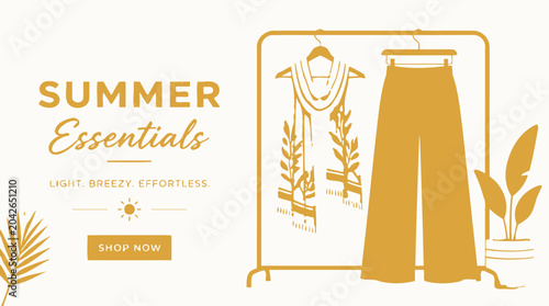 Summer Essentials graphic element with clothing and plants in a flat vector style